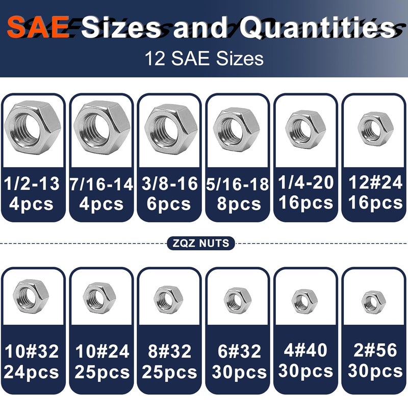 ZQZ طقم مسامير سداسية من الفولاذ المقاوم للصدأ 510 قطعة 2 في 1 SAE وميترية ، 2#56 4#40 6#32 8#32 10#24 10#32 12#24 1/4-20 5/16-18 3/8-16 7/16-14 1/2-13 M2 M2.5 M3 M4 M5 M6 M8 M10 M12 - Image 3
